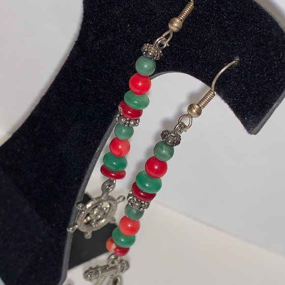 Red Coral and Aventurine Nautical Dangle Earrings - Picture 4 of 7